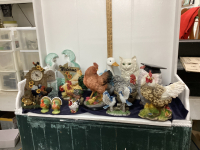 (2) BOXES W/ BIRD DECOR - ROOSTERS, OWL COOKIE JAR (CHIPPED LID), TURKEY SALT & PEPPER, GOOSE COOKIE JAR, PLASTER PEACOCKS,