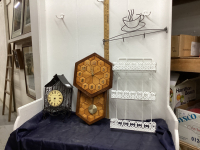 (4) PIECES DECOR ITEMS - WHTE METAL SHELF, WOOD WALL CLOCK, SMALL METAL. CLOCK, METAL HANGER