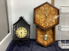 (4) PIECES DECOR ITEMS - WHTE METAL SHELF, WOOD WALL CLOCK, SMALL METAL. CLOCK, METAL HANGER - 2