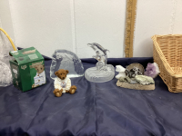 COLLECTION OF COLLECTIBLES - CRYSTAL DOLPHIN, & HORSE HEAD ORNAMENTS, OILERS POWER PLAY TEDDY ORNAMENT, METAL MINERS ON GEODES/CRYSTALS