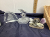 COLLECTION OF COLLECTIBLES - CRYSTAL DOLPHIN, & HORSE HEAD ORNAMENTS, OILERS POWER PLAY TEDDY ORNAMENT, METAL MINERS ON GEODES/CRYSTALS - 3