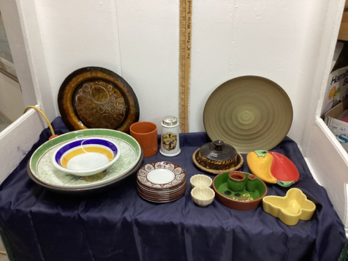 (2) BOXES W/ POTTERY & STONEWARE PLATTERS, BUTTER DISH, SMALL PLATES, BOWLS