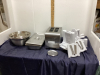 BOX W/ (2) STAINLESS STEEL WARMING PANS W/ LIDS, BOWLS, TOASTER,