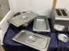 BOX W/ (2) STAINLESS STEEL WARMING PANS W/ LIDS, BOWLS, TOASTER, - 3