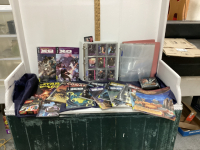 BOX W/ X-O MANOWAR GRAPHIC NOVELS, GUNDAM WAR CARD GAME, BINDER W/ MOVIE TRADING CARDS, ZELDA UNO