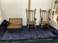 DOLL SIZE BENCH & (2) WOOD ROCKERS