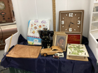 BOX W/ VINTAGE ITEMS - PLASTIC COCA-COLA CLOCK, FLOWER PRESS, WINNIE THE POOH BLANKET ETC