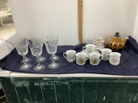 BOX W/ GLASSWARE & TEAPOT