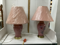 PAIR OF PINK TABLE LAMPS - NON MATCHING SHADES