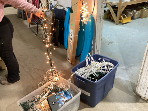 TOTE + BOX OF CHRISTMAS LIGHTS