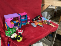 2 CONTAINERS TOYS - NERF-TYPE GUNS, POLLY POCKETS, BARBIE, ETC