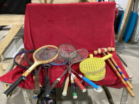 BOX OF RACQUETS + CROQUET MALLETS, FRISBEE