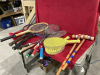 BOX OF RACQUETS + CROQUET MALLETS, FRISBEE - 2