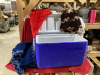 COLEMAN BLUE COOLER W/ AFGHANS AND TIM HORTON HOCKEY CARDS