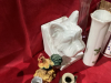 BOX FULL- VASES, KNICK KNACKS, CANDLE HOLDERS,CLOCK, ONE BOOK END, - 5