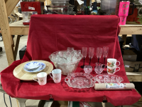 PUNCH BOWL WITH CUPS,CHAMPAGNE GLASSES, MISC MUGS, SERVING DISHES,LAZY SUSAN