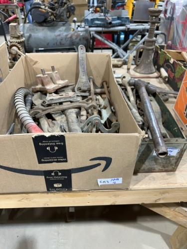 Two boxes of antique tools and wrenches