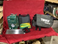 PROPANE HEATER, THULE SOFT CARRIER, TENT PEG PACK, SAW,