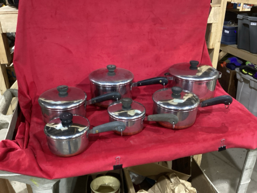 BOX OF REVIERE WARE POTS + PANS