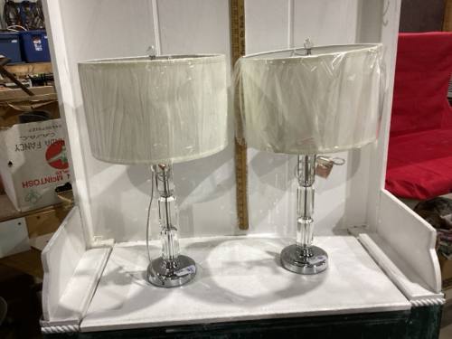 2 TABLE LAMPS - CHROME + GLASS BASES 23” T