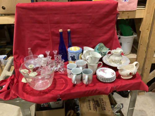 2 BOXES - MUGS, CANDLEHOLDERS, GLASS BOWL, BLUE BOTTLES