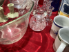 2 BOXES - MUGS, CANDLEHOLDERS, GLASS BOWL, BLUE BOTTLES - 4