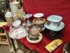 2 BOXES- PLASTIC BOWLS, COFFEE CARAFE, JUICER, SCALE, PLASTIC TRAYS, HANDCRAFTED RAISED SERVING TRAYS - 2