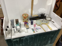 VINTAGE HAND MIRRORS, CURLING IRON, DECORATIVE TIN, LOTIONS-AVON