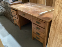 WOOD DESK - 7 DRAWERS + 2 PULL OUT TRAYS, METAL PULLS