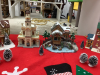 CHRISTMAS VILLAGE - (6) BUILDINGS, A FEW ACCESSORIES - IN A GOOD LIDDED TOTE AND A TREE SKIRT - 3