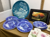 BOX W/ CERAMIC HOTPLATES, BLUE COLLECTOR DISHES, PLAQUES - 3