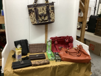 BOX W/ PURSES, WALLETS, LOTIONS