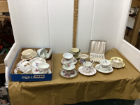 FLAT W/ TEA CUPS & SAUCERS & MINI SILVERPLATE SPOONS