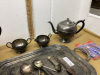 SILVER PLATE ITEMS - PLATTER, TEAPOTS, CREAM & SUGAR, COLLECTOR SPOONS - 3