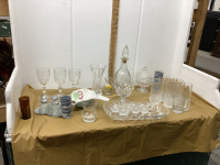 BOX W/ GLASSWARE - DECANTER, CRYSTAL GLASSES, TINY MUGS, SALT & PEPPER