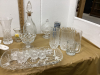 BOX W/ GLASSWARE - DECANTER, CRYSTAL GLASSES, TINY MUGS, SALT & PEPPER - 2