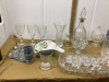 BOX W/ GLASSWARE - DECANTER, CRYSTAL GLASSES, TINY MUGS, SALT & PEPPER - 3