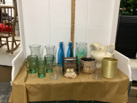 CERAMIC PITCHER, VASES, COCA-COLA GLASSES, BLUE BOTTLES, MINI GARDEN BENCH