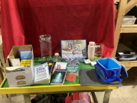 LARGE GLASS CANNISTER,HONEY JAR, NOVELS, PUZZLE, COOKIE CUTTERS, WATER BOTTLE, LUNCH KIT