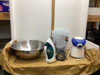 RIVAL ICE SHAVER, LARGE, STAINLESS BOWL, (5) WIRE BASKETS, SUNBEAM IRON