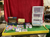 3 DRAWER STORAGE UNIT WITH KIDS BOOKS, MARKERS, STICKERS, PUZZLE