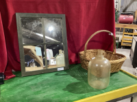 GOLD WICKER BASKET, GLASS JUG, MIRROR WINDOW