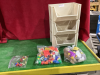 3 STACKING STORAGE BINS WITH SOME TOYS