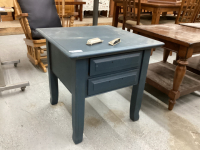 PAINTED STEEL BLUE END TABLE W/ TWO DRAWERS