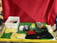 BOX WITH ASSORTED GLOVES , TOQUES AND ICE CLEATS