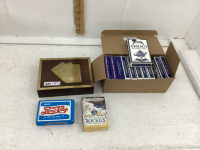 WOOD BOX W/ (2) DECKS PLAYING CARS AND BOX OF USED CASINO CARDS