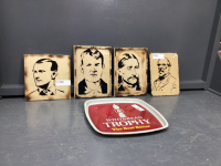 (4) WOOD CUT-OUTS OF FAMOUS MEN & "WHITEBREAD" TROPHY METALTRAY