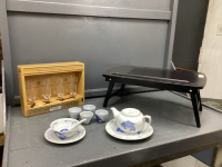 WOOD LAP TRAY, WINE GLASSES, FISH MOTIF TEA SET