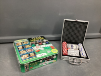 TEXAS HOLD 'EM GAME & SMALL METAL BOX W/ POKER CHIPS