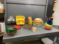 (2) BOXES W/ PLATIC DISHES, SMALL TABLE LAMP, CADDY